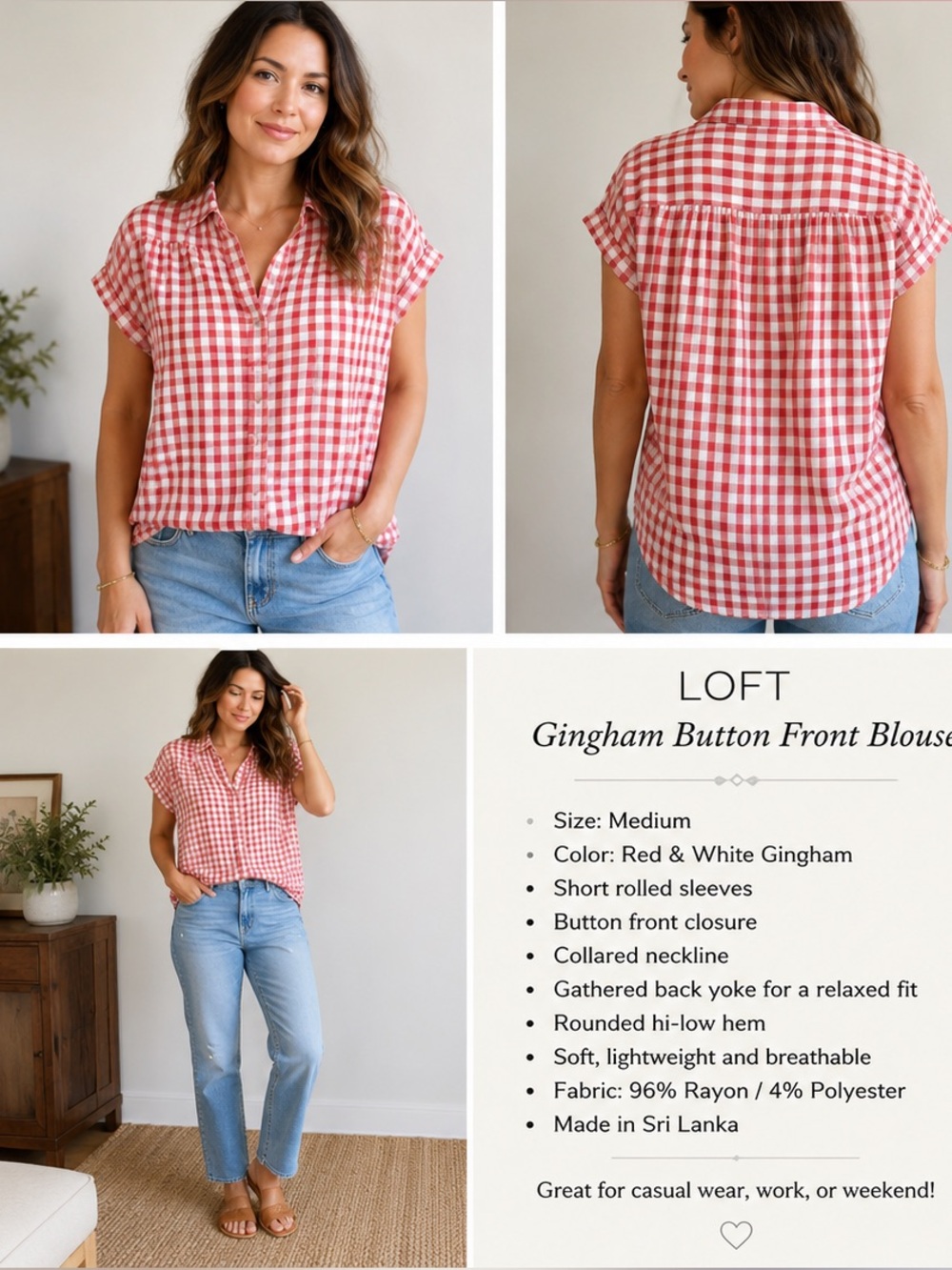 LOFT Red & White Gingham Button-Front Blouse